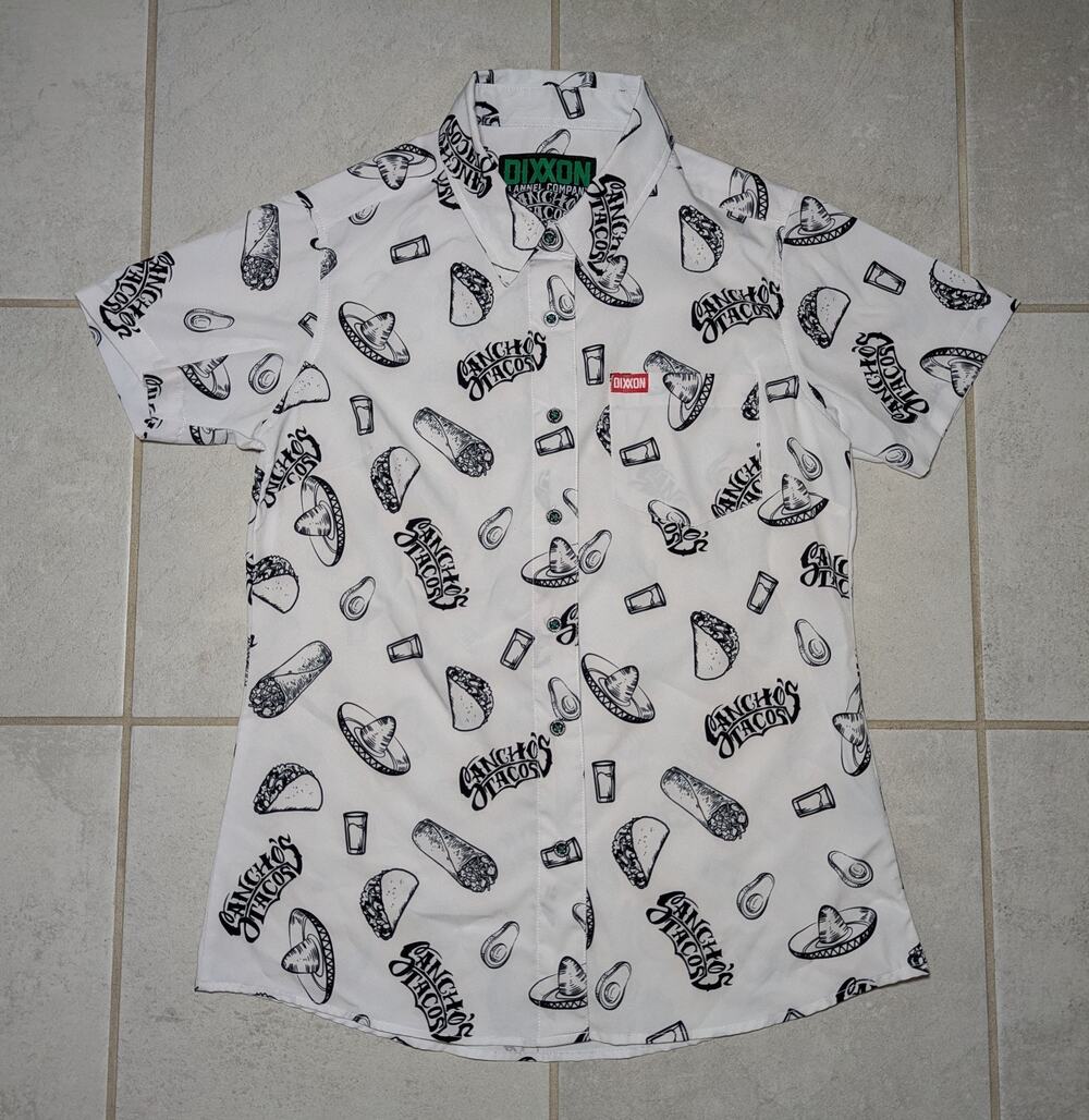 Dixxon Women's Small Sancho's Tacos Shirt Short Sleeve Party White Stretch